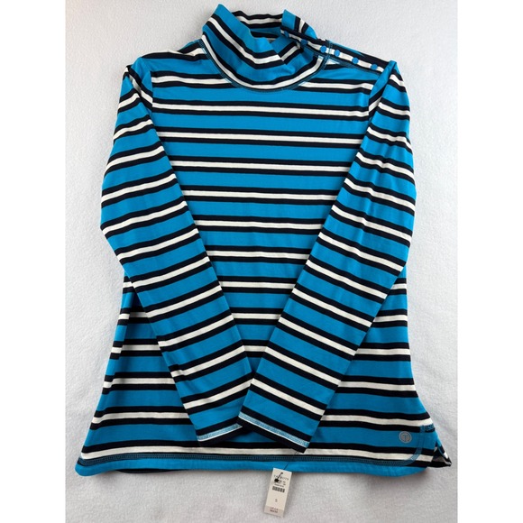 T by Talbots Womens Striped Button Shoulder Mock Neck Top Turquoise Small - Picture 1 of 7